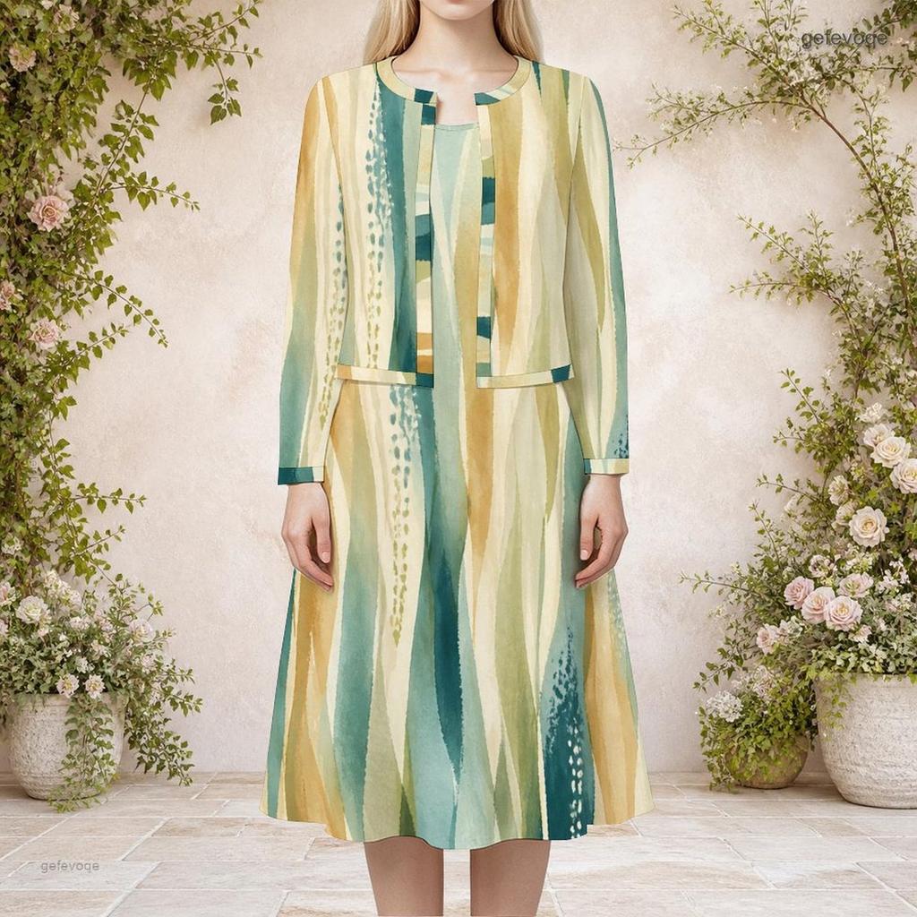 Women Plus Size Abstract Printed Two Piece Set Round Neck Long Sleeve Cropped Cardigan Sleeveless Midi Dress