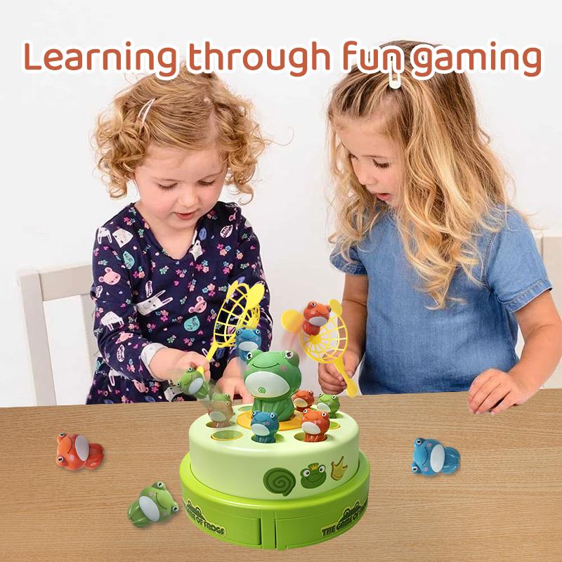 Electric Pop-up Turntable Toys with Music Cartoon Rotating Frog Catcher Toys with Nets Musical Launching Rotating Game Kids Toys