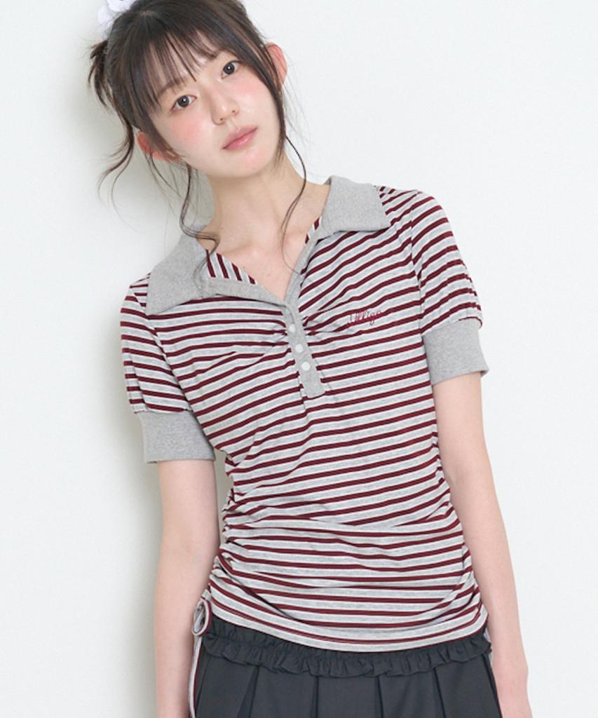 ILLIGO Striped Shirred Collar Tee Burgundy