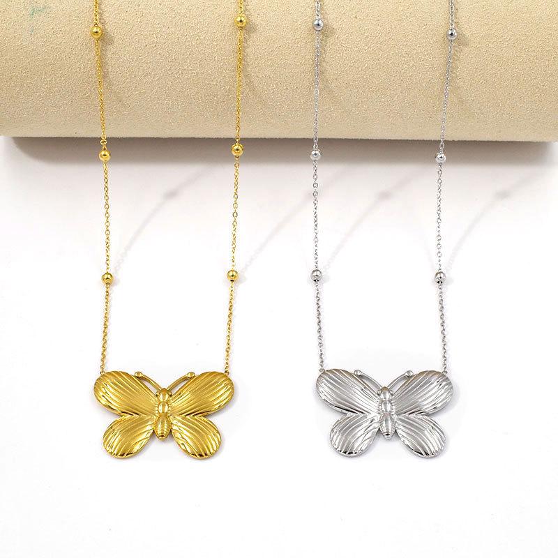 Gold and Silver-Plated Titanium Butterfly Pendant Necklace and Earring Set - Light Luxury Women's Jewelry Clavicle Chain