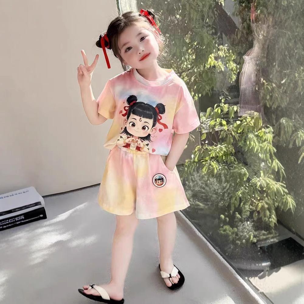 Girls Summer Cartoon Short Sleeve 2 Piece Set with Tie Dye Shorts Nezha Print