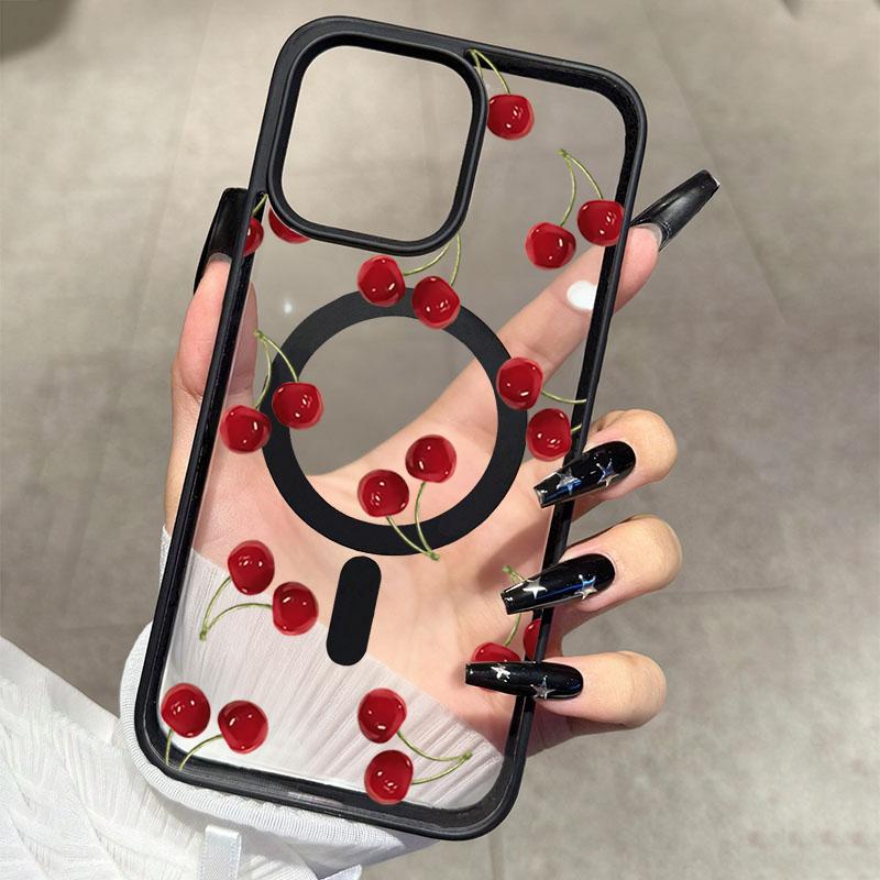 Red Cherry Pattern Magnetic Phone Case For iPhone 11 12 13 14 15 16 16e 17e 17 ProMax Plus Air For Magsafe Wireless Charge Cover