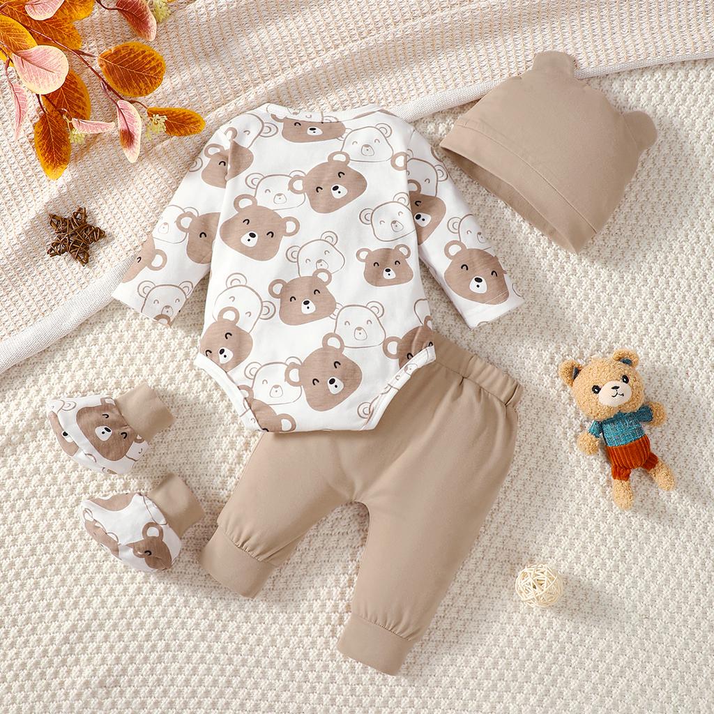 Moda 4 Colori 0-9 Mesi Neonato Orsetto Set Completo 4 Pezzi Autunno Tuta a Manica Lunga+Pantaloni+Cappello+Calzini Tuta Casual per Bambino Vestiti Regalo