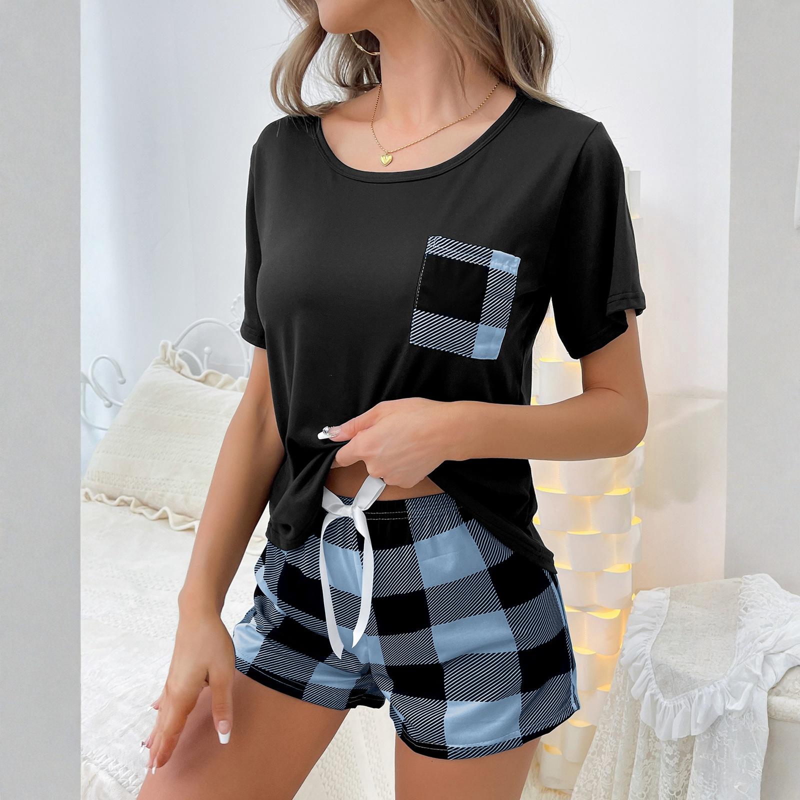 

Women s Sleepwear French Two-piece Home Suit With A Short Sleeved Shirt And Checkered Pockets , Checkered Shorts Set L синий