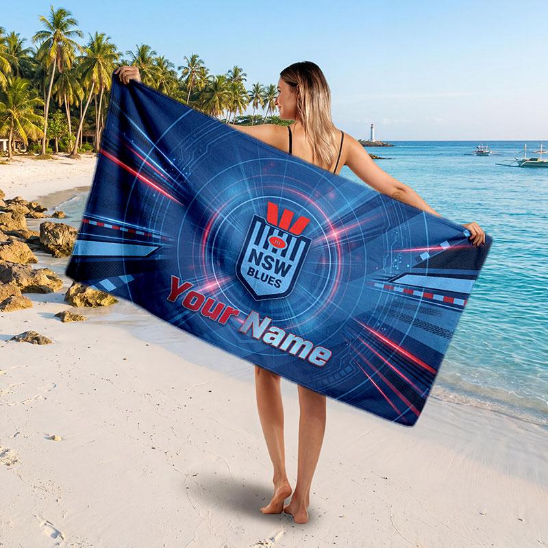 NSW Blues Customized Name Text Beach Towel, Soft Absorbent Towel Beach Pool Travel Personal Gift