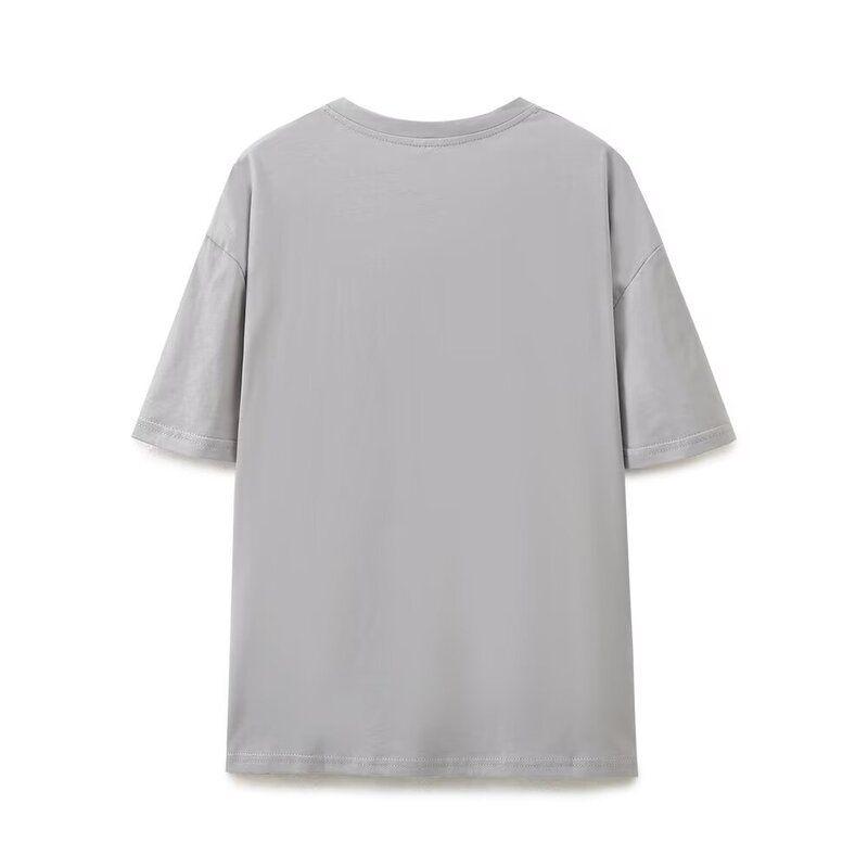 Fashion Style 2024 Autumn New Women's Cotton Plaid Fashion Print Washing Effect T-shirt 1300812