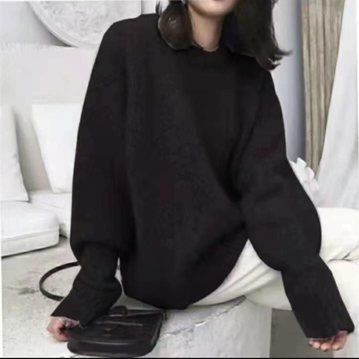 Women's European-Style Loose Wool Sweater, Round Neck, Thick Cashmere Knit, Heavy Solid Color, Three-Strand Base Layer.