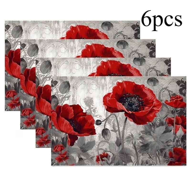 4/6/8pcs Red Poppy Floral Placemats 11.81 X 17.72inch - Elegant Table Decor for Dining, Kitchen, And Parties, Machine Washable, Durable Design with