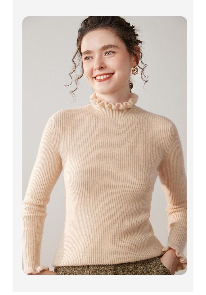 Autumn Women's Cashmere Sweater with Ruffle Collar and Lace Trim