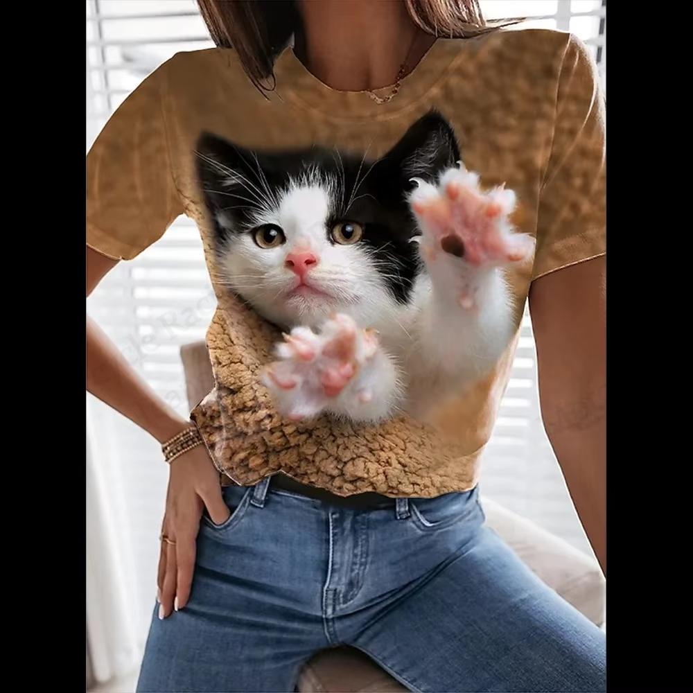 Summer Round Neck 3D Cute Cat Print Top Fashionable Casual Short Sleeved Women's T-shirts