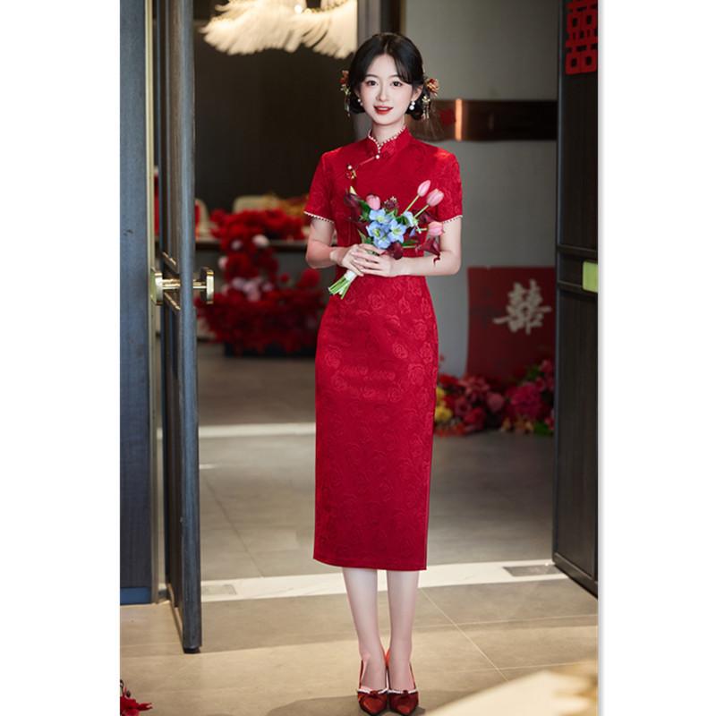 Red lace spring and summer style medium-length banquet elegant temperament cheongsam skirt ethnic style improved bridal engagement cheongsam