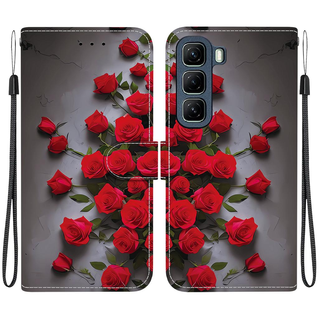 Handmade PU Leather Flip Case for Infinix Hot 50 4G (X6882, X6882B) Anti-Slip Shockproof Cover with Wrist Strap & Heart/Rose Cat Designs