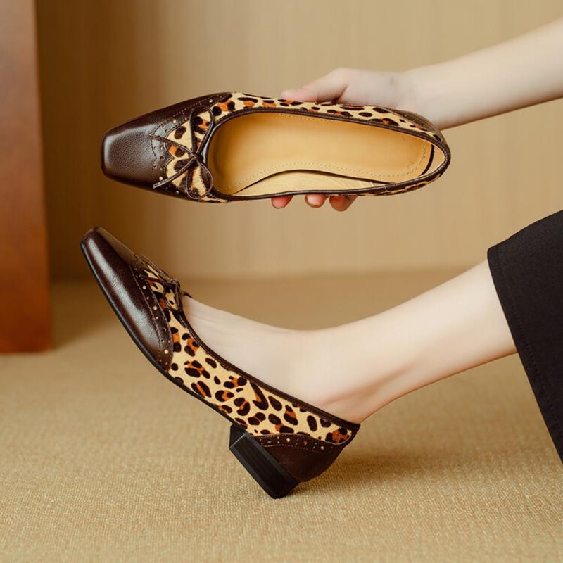 Fashion NEW Spring/Autumn Women Pumps Square Toe Low Heel Shoes Fashion Leopord Horsehair Handmade Shoes Bow-knot Shallow Women Pumps