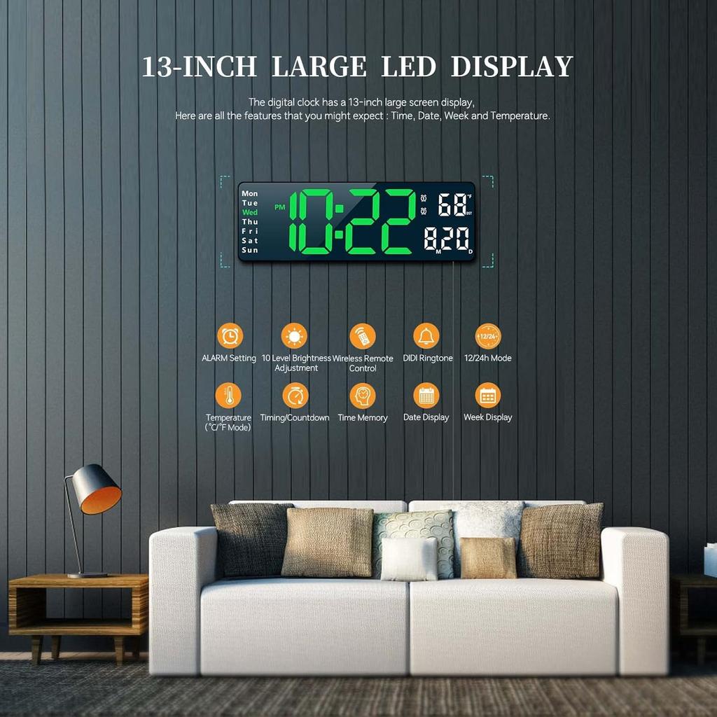 Digital Wall Clock Large Display with Remote Control, Display Digital Clock with Date, Indoor Temp, Brightness Dimmer LED Clock