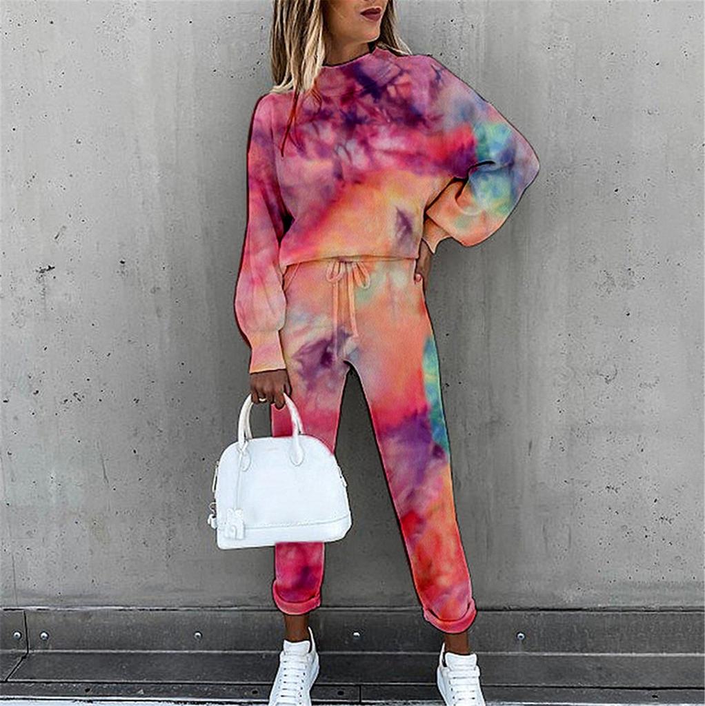 WomenTie-Dye Printed High Neck Lace-up Long Sleeve Fashion Casual Trousers Suit