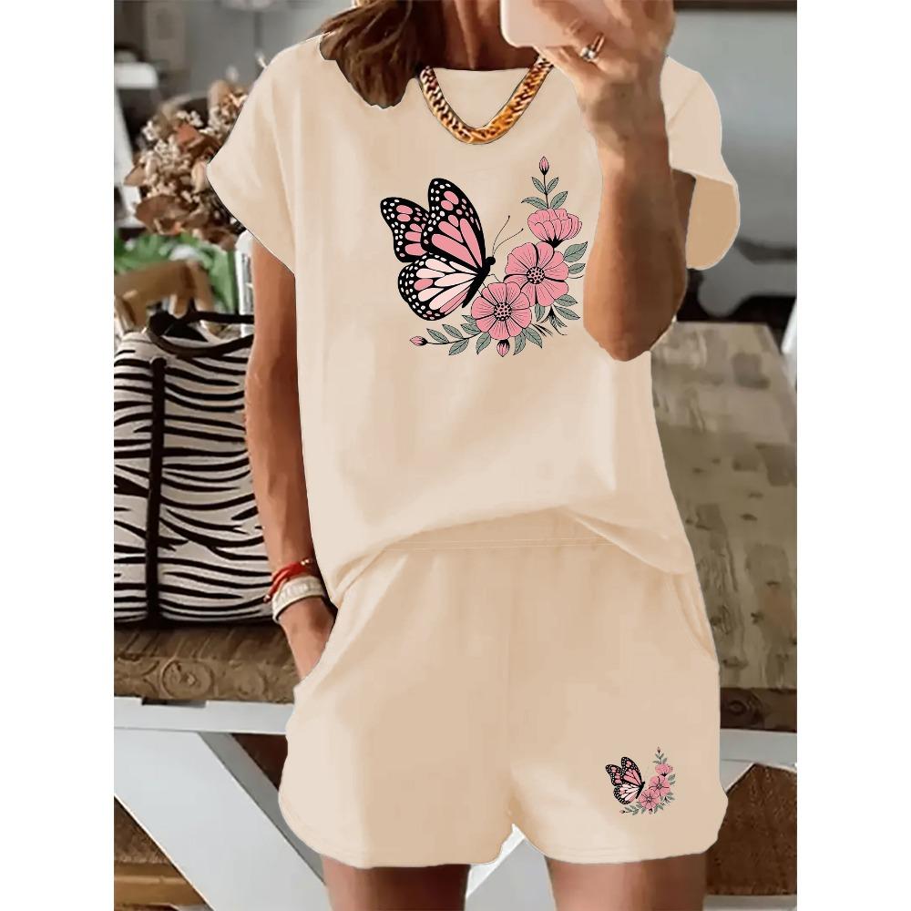 Spring and Summer Butterfly Floral Print Set, Forest-Style Girly Short-Sleeved T-Shirt and Shorts, Comfortable and Casual Two-Piece Set