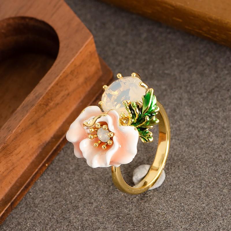 Adjustable Open Ring Women With Enamel Flower Design Zircon Accents Fashion OL Style Copper Jewelry