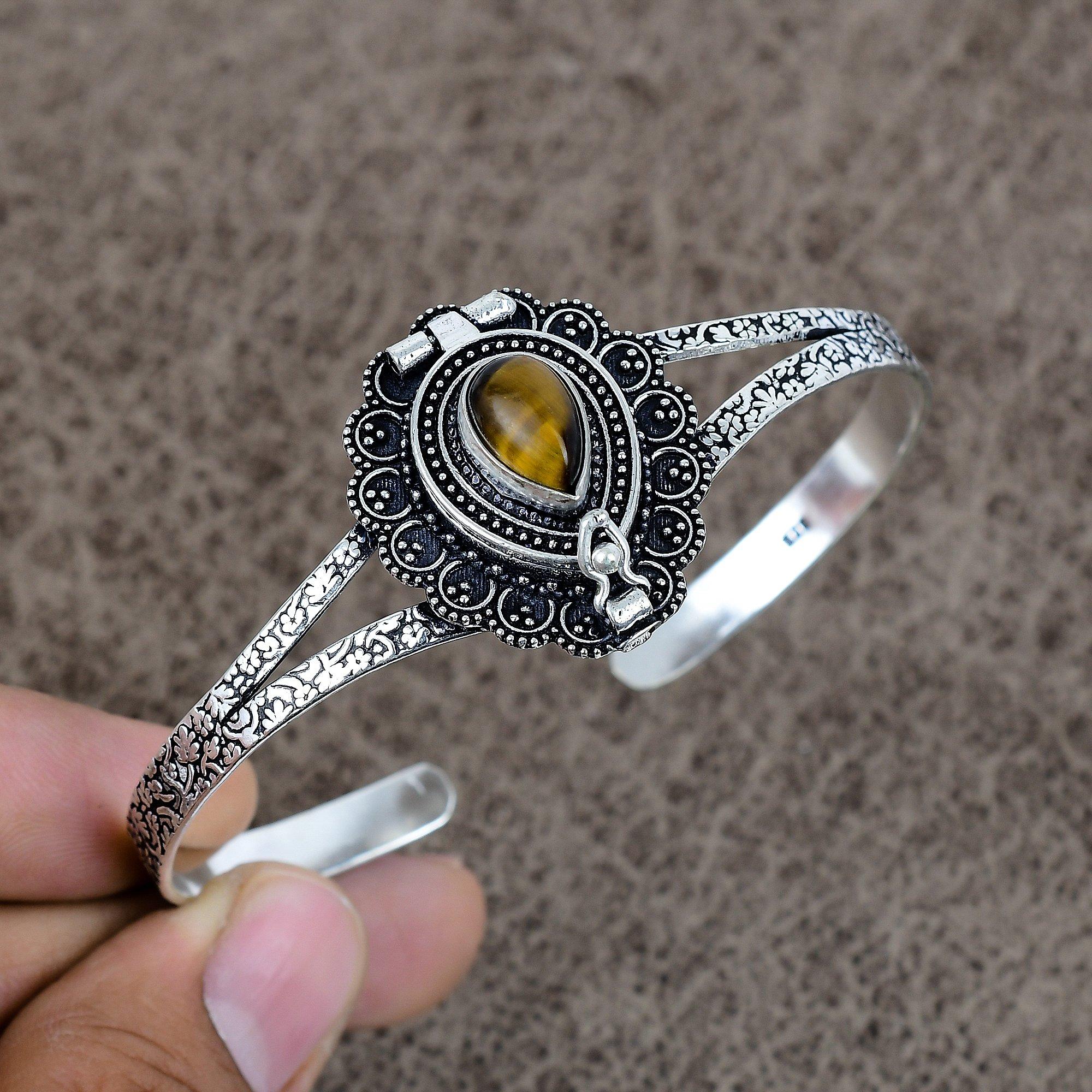 

Tiger Eye Gemstone Handmade 925 Sterling Silver Cuff Bangle Adjustable KKG-273