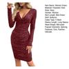 Women's Sparkly Sequin Bodycon Midi Dress Sexy Long Sleeve Deep V Neck Dress Ruched
