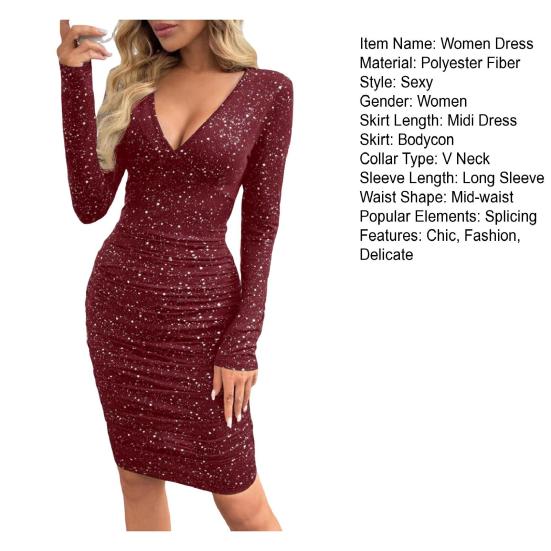 Women's Sparkly Sequin Bodycon Midi Dress Sexy Long Sleeve Deep V Neck Dress Ruched