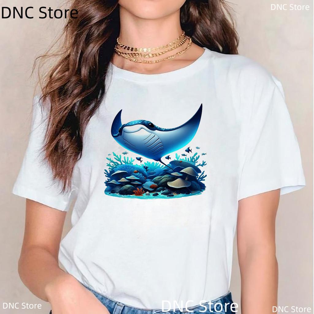 New Women Shark T Shirt Watercolor Shark Shirts,Manta Ray, Marine Creatures, Whale Print Tshirt,Summer Beach Vacation Tshirt Top
