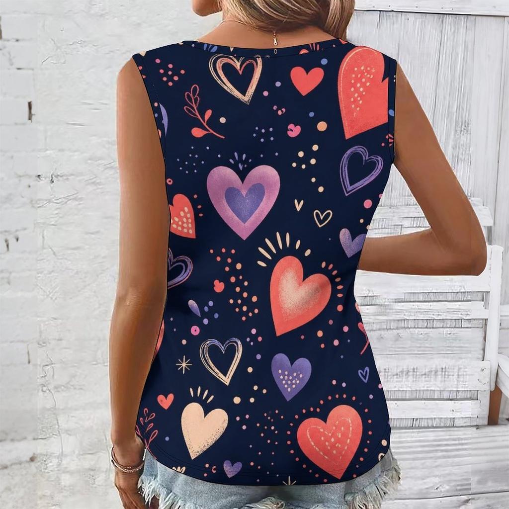 Women Plus Size Sleeveless V Neck Tank Top Vibrant Rainbow Heart Balloon Star Colorful Print Casual Top