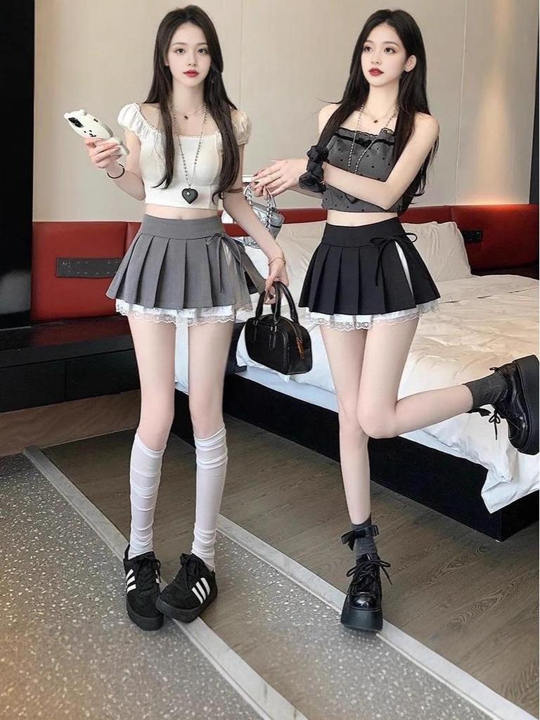 2025 Summer Sweet Pure Desire High-Waisted Pleated Lace Patchwork Ultra-Short Skirt