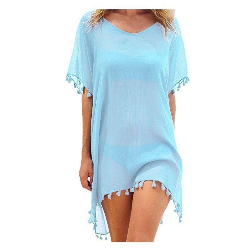 

Платье из шифона с круглым вырезом, кисточками и V-образным вырезом, в пляжном стиле Light Blue One size