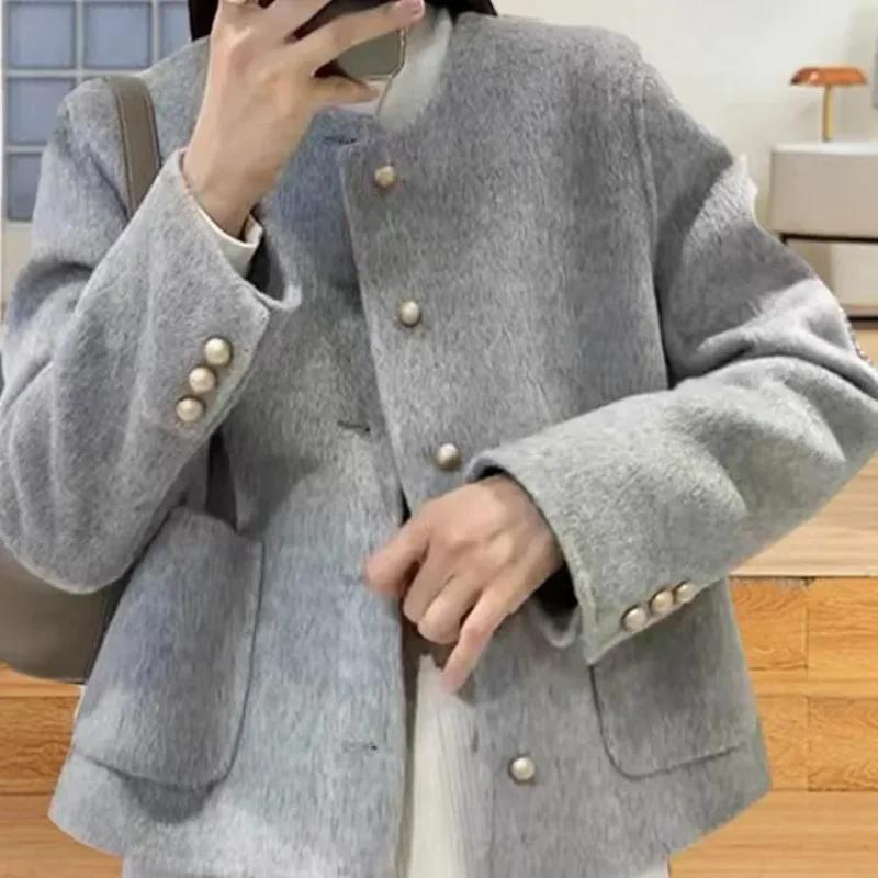 Zweiseitiger Tweed-Mantel Damen-Design Tweed-Oberteil Neuer Mantel Rundhalsausschnitt Einreiher