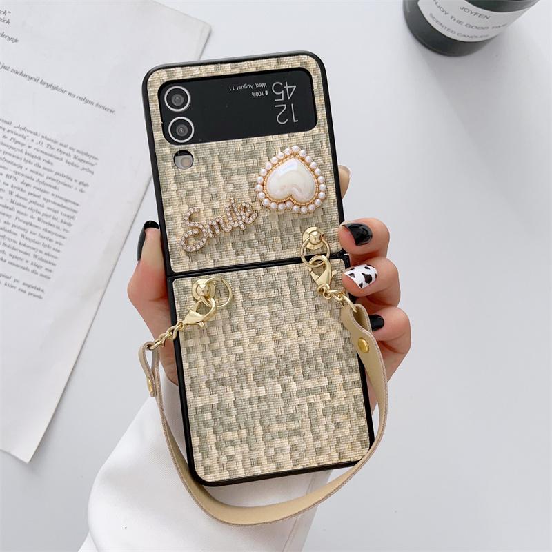 Luksus vintage vevd mønsterveske for Samsung Galaxy Z Flip 5 4 Z Flip 3 Square Pearl PU Brace Lanyard Cover for Samsung Galaxy Z Fold 5 3 Z fold 4