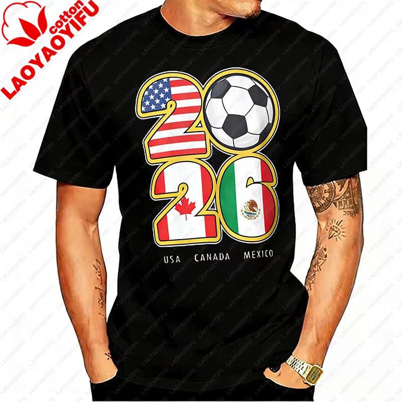 2026 USA Canada Mexico Soccer T-Shirt Cotton Shirt Tribal & Flag Graphic Tee, Ideal Gift for North Football Fans 2026 FIFA World Cup Shirt Streetwear