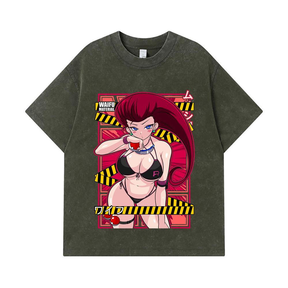 

275 GSM Washed T-shirts 100% Cotton Pokemon V14 Jessie Waifu Print Unisex Heavy Cotton T Shirt S армия зеленый
