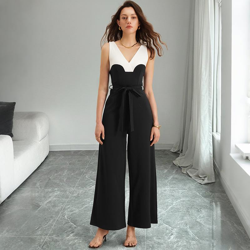 Baifen Zhiyi 2026 Elegant Black & White Strappy Color Block Wide-Leg Jumpsuit M чёрный/белый