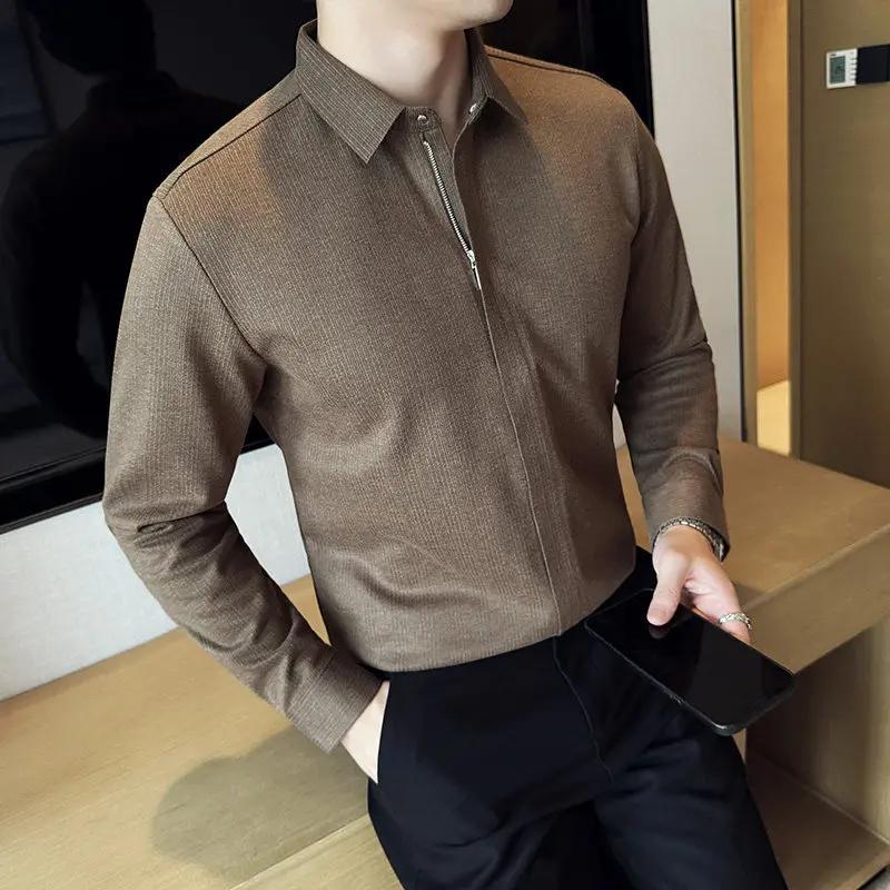 

Autumn Winter Thick Warm Shirts Men High Quality Fashion Zipper Woolen Smart Casual Shirt Mens Long Sleeve Solid Striped Blouse 4XL