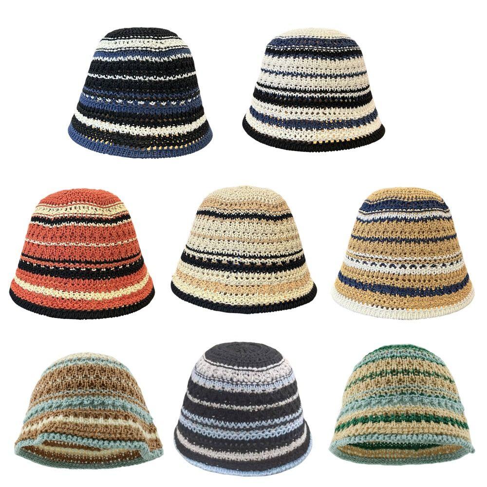 Fashion Striped Knitted Hollow Fisherman Hat Big Eaves UV Protection Straw Bucket Cap Multicolor Breathable Basin Hat Outdoor