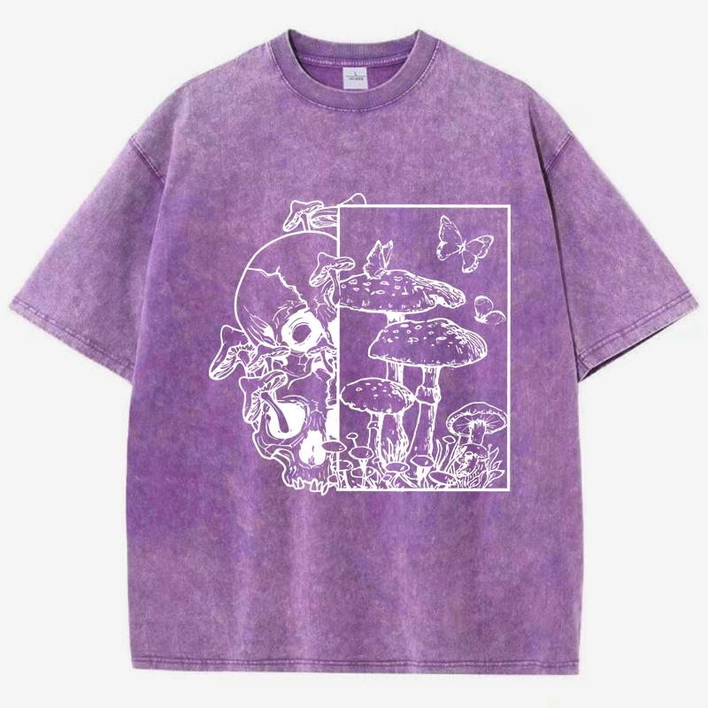 Skeleton Growing In Mushrooms Butterfly Print Washed T Shirt Women Summer Clothes Trendy O-Neck Tops Cotton Streetwear