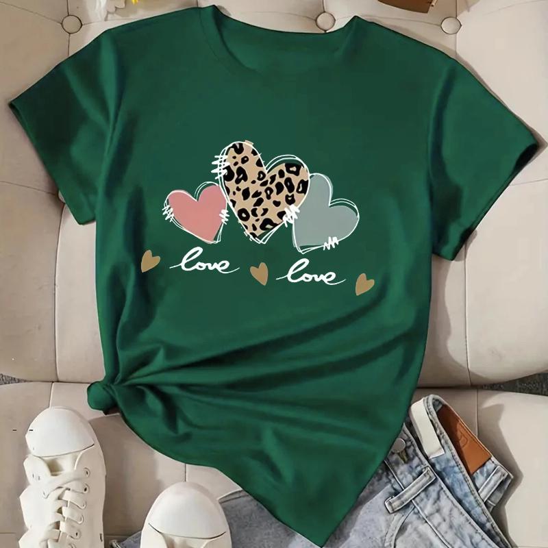 Leopard Print Heart Love Women s Tee - Casual  Top XS зелёный
