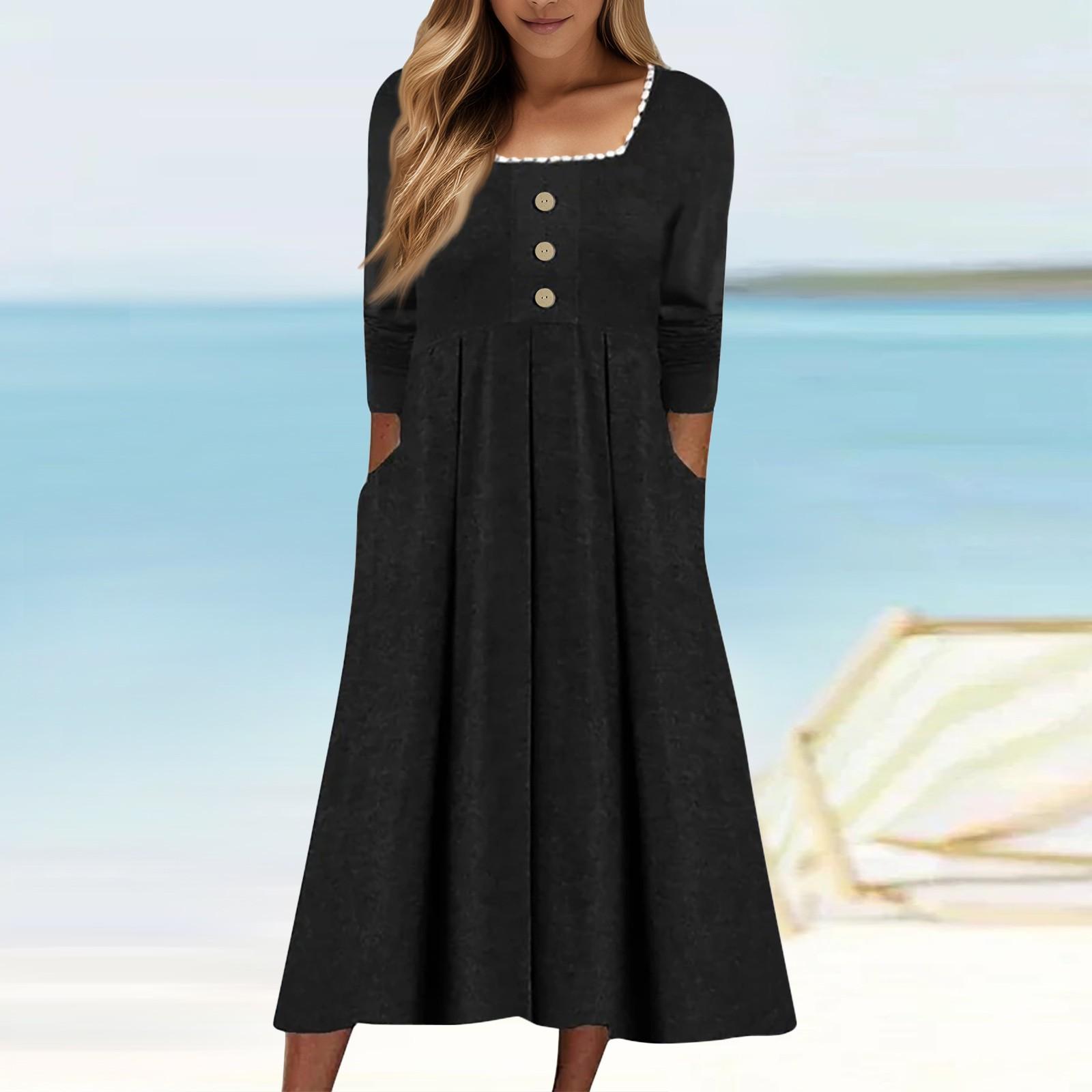 

Женские повседневные модные длинные платья с квадратным воротником и длинным рукавом, кружевные, однотонные, винтажные, с карманом, осень и зима L