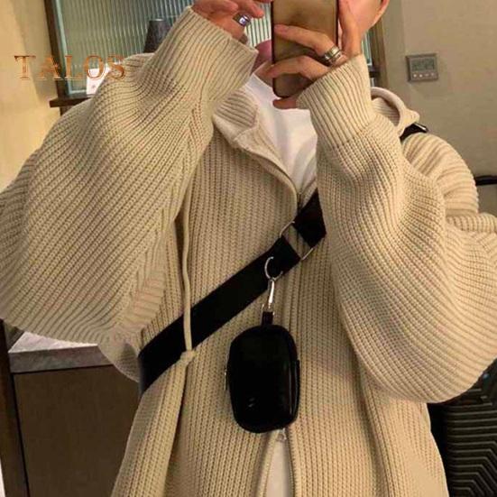 Suéter de otoño-invierno para hombre, abrigo con capucha, cordón, cierre de cremallera suelto, mangas largas, cordón, largo medio, color sólido, chaqueta de punto retro