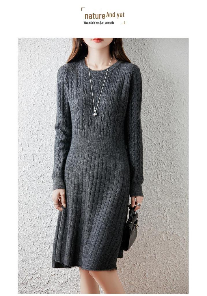 Women's Pure Wool Pleated Sweater Dress with Slimming Waist