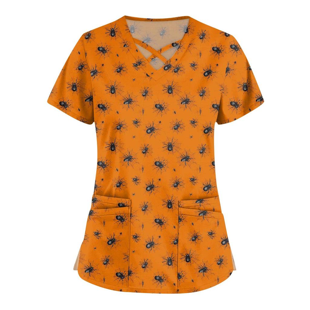 Dámská móda Křížový V výstřih Krátký rukáv Kombinézy Dvojité kapsy Halloweenské Potištěné Topy Uniformy