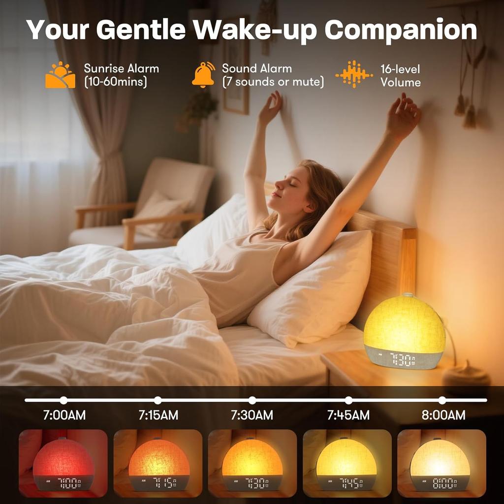 Sunrise Alarm Clock Wake Up Light White Noise Sound Machine with 30 Soothing Sounds Dimmable 12 RGB Ambient Light for Home Decor