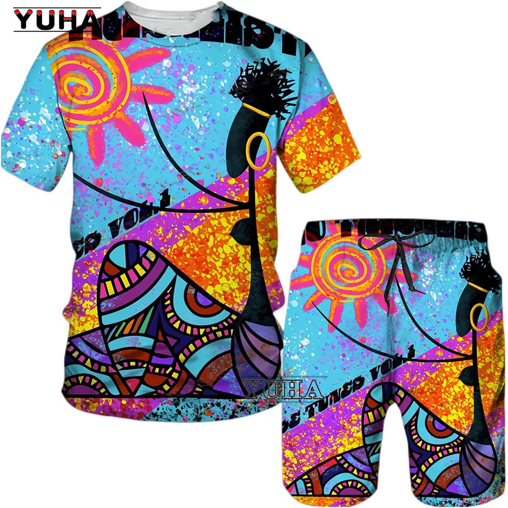 YUHA,Short Sleeve Plus Size Men Retro Ethnic Print Tracksuit Couple Dashiki Clothes Summer African Men's T Shirt Shorts Two Piec