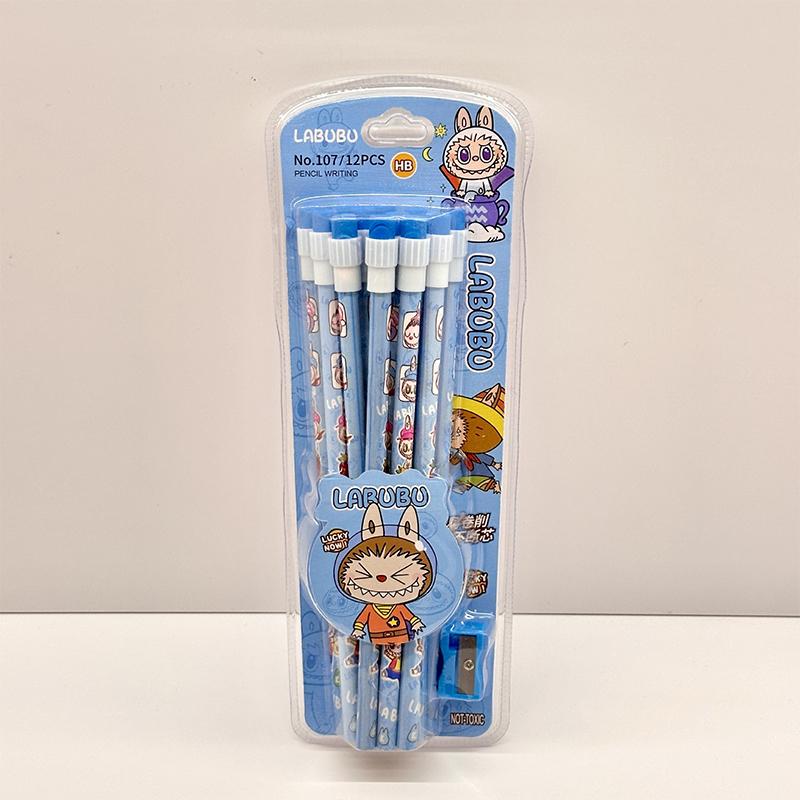 Set di 12 Matite Labubu Cartoon con Gomma Temperamatite Studente Scrittura Disegno Matite Cancelleria Studente Materiale Scolastico