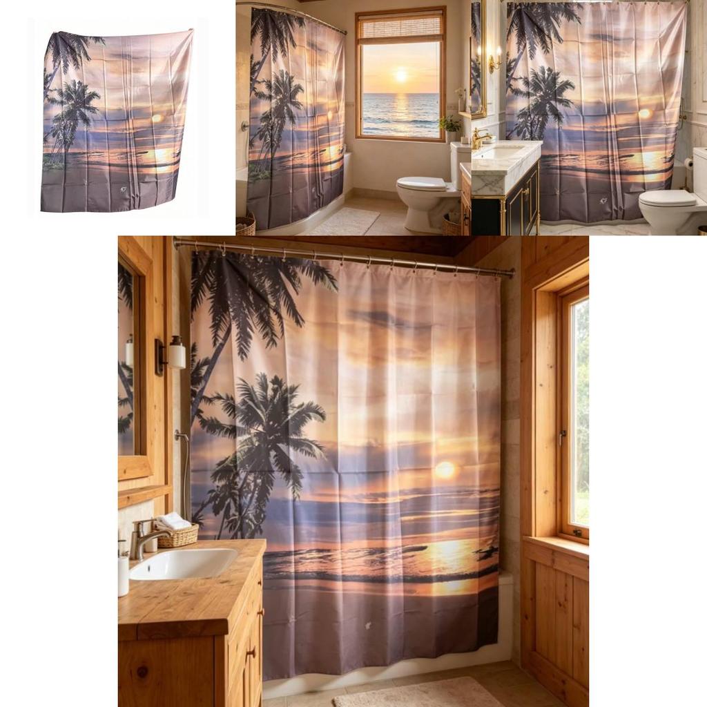 Modern Minimalist Beach Scene Shower Curtain With Polyester Fabric For Bathroom Decor