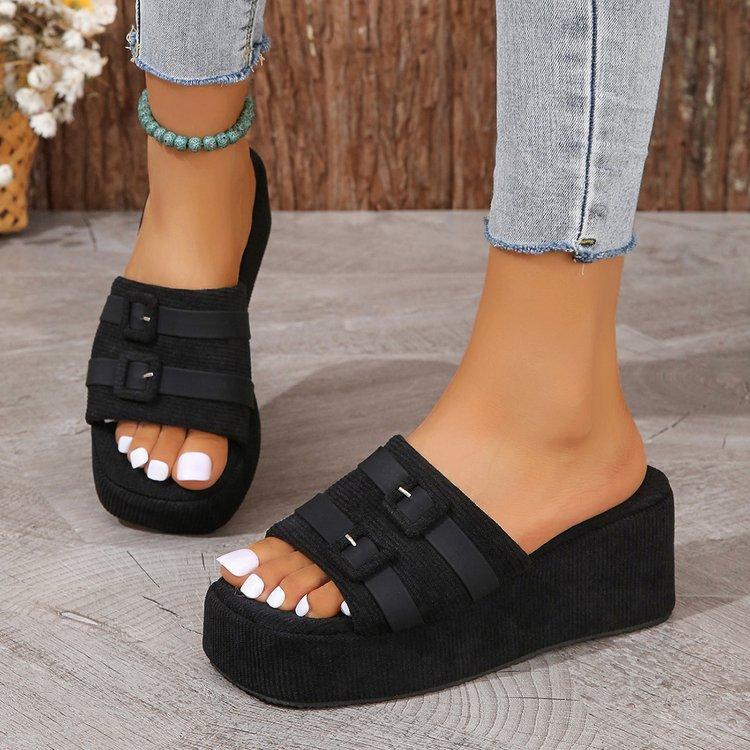 

ins independent station новые летние тапочки с квадратной пряжкой на толстой подошве повседневная одежда пляжные тапочки шерстяные женские сандалии увеличивающие рост 35 чёрный