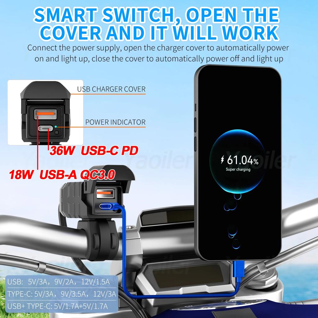 New QC3.0 Motorcycle USB Charger 12V Waterproof PD3.0 Port Socket Handlebar Quick Charger Adapter W/ Voltmeter Moto Accessories