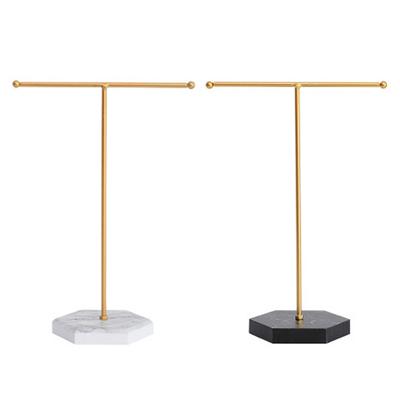 T-shaped Jewelry Shelf with Marble Base Minimalist Display Tower Metal for Bangles Necklaces Bracelets Rings Bag