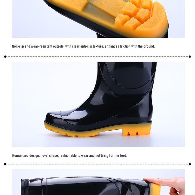 Men's Black Non-Slip Wear-Resistant High-Top Construction Rubber Rain Boots
