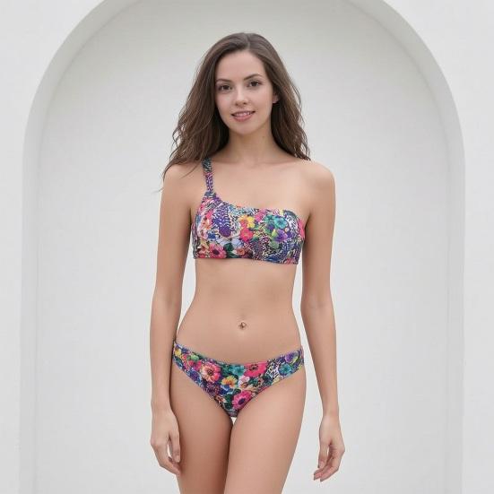 2Pcs/Set Summer Bikini Set Green Printing Sloping Shoulder Design Bra Low-rise Quick-Drying Fabric Bottoms Set Beach Pool Swimwear